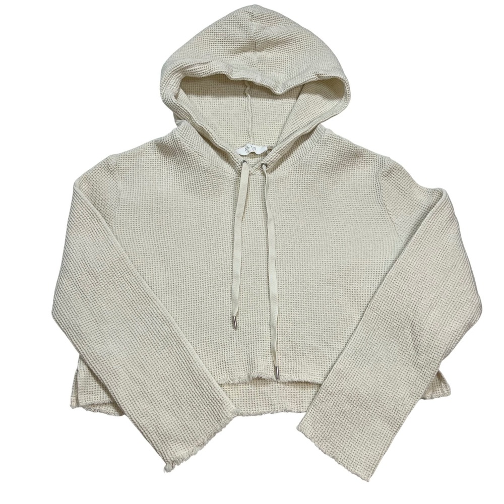 ASTR The Label Ivory Waffle Knit Cropped Hoodie Women's Medium 100% Cotton Cozy - Picture 2 of 8